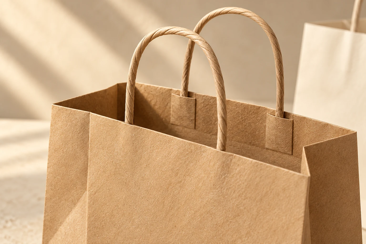 Illustrative close-up of natural kraft paper texture and a twisted paper handle